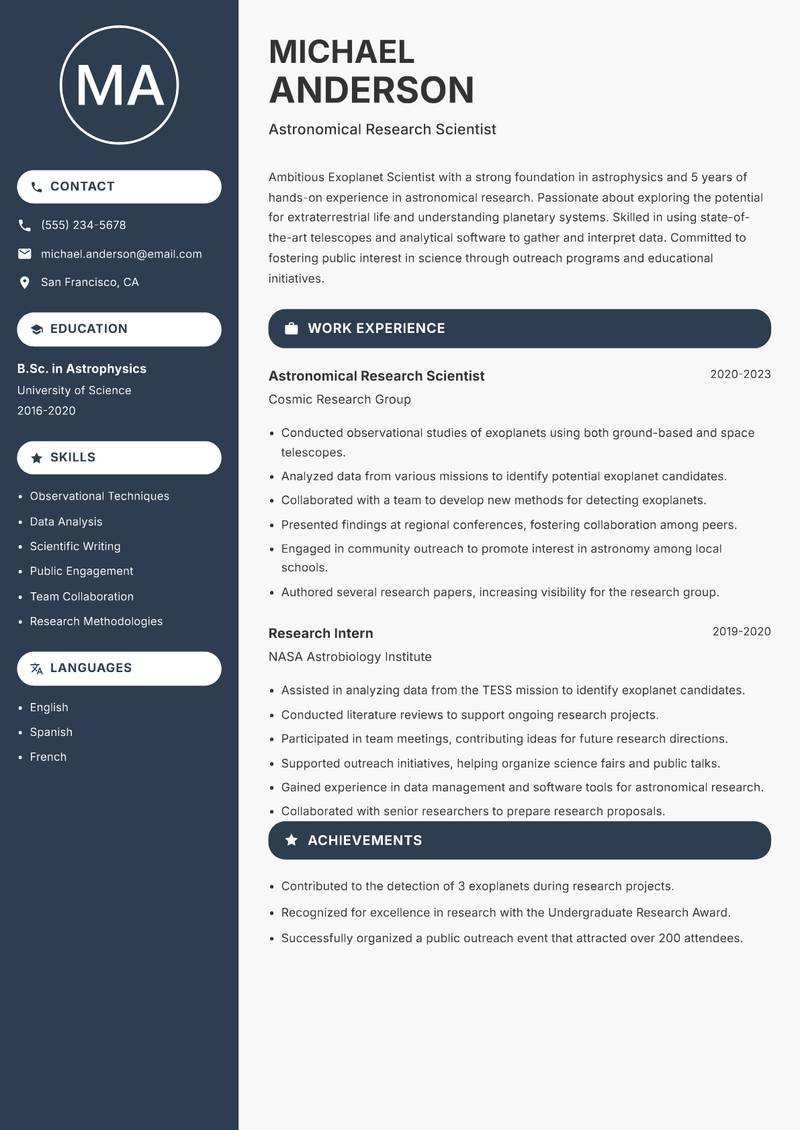 Exoplanet Scientist Resume Preview Example