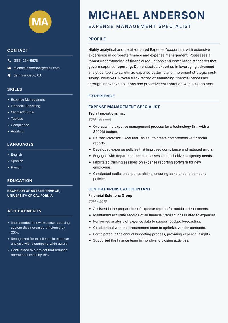 Expense Accountant Resume Preview Example