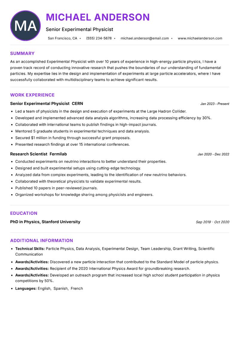 Experimental Physicist Resume Preview Example