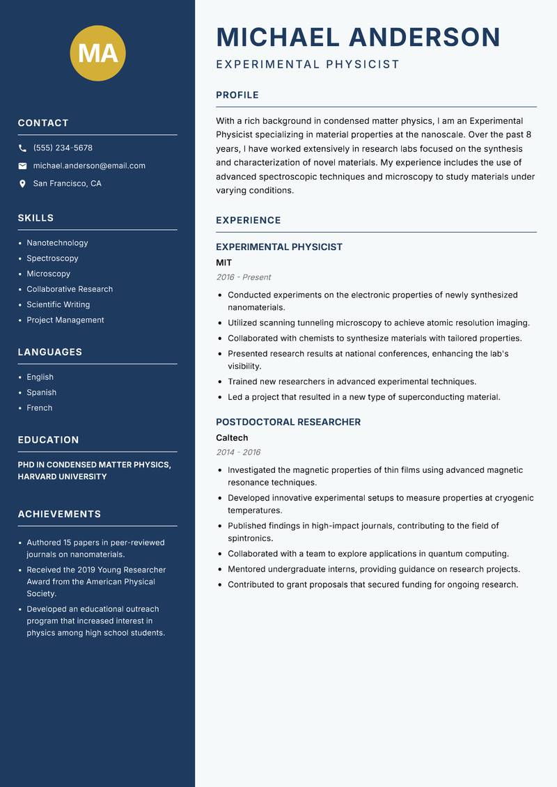 Experimental Physicist Resume Preview Example