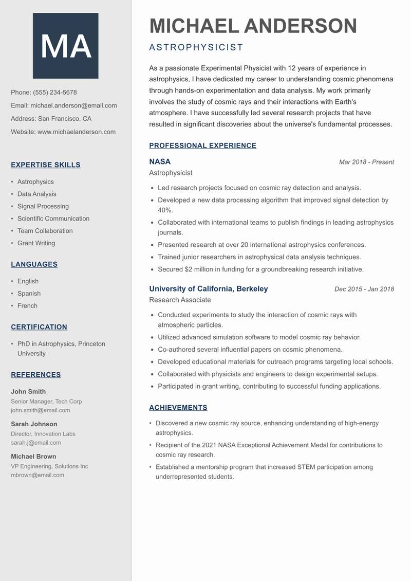 Experimental Physicist Resume Preview Example