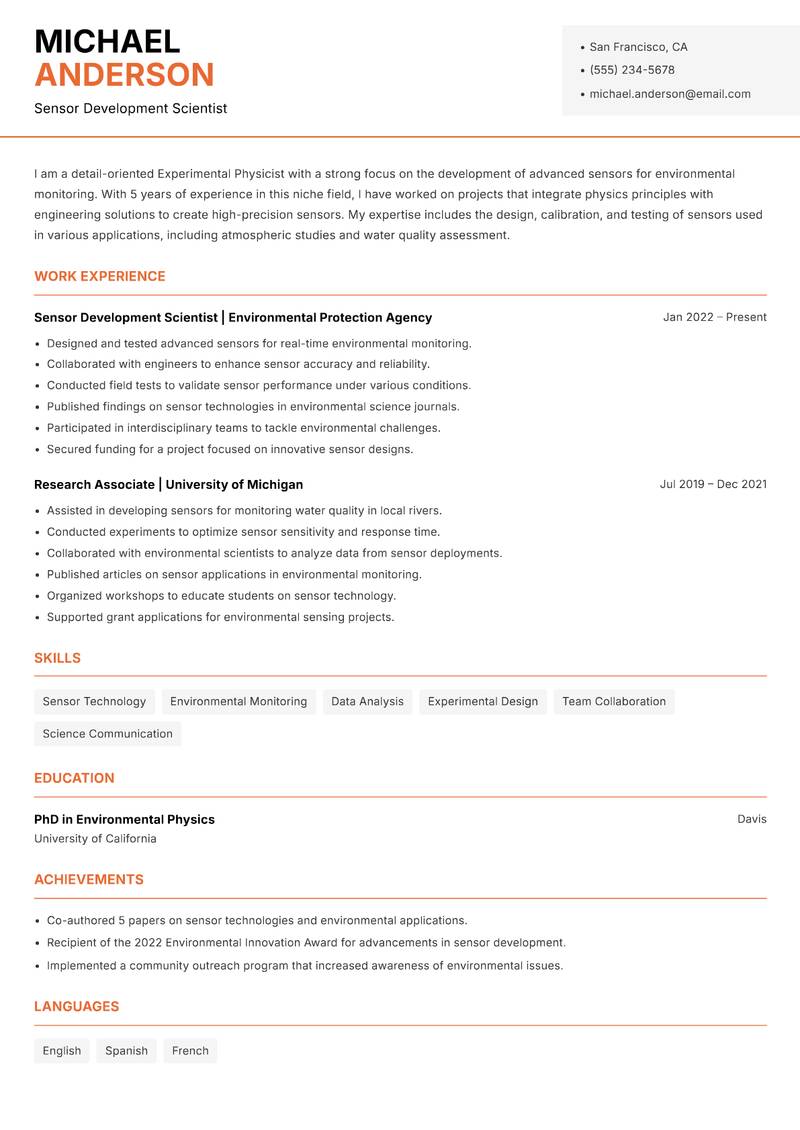 Experimental Physicist Resume Template