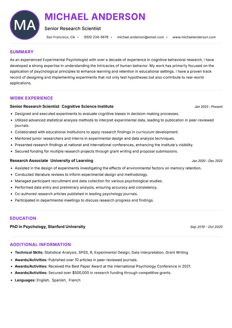 Experimental Psychologist Resume Preview Example