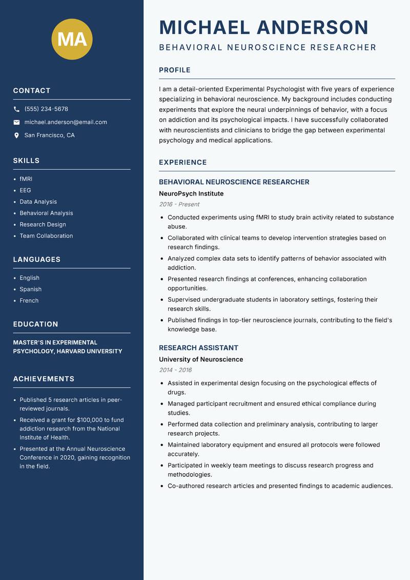 Experimental Psychologist Resume Preview Example