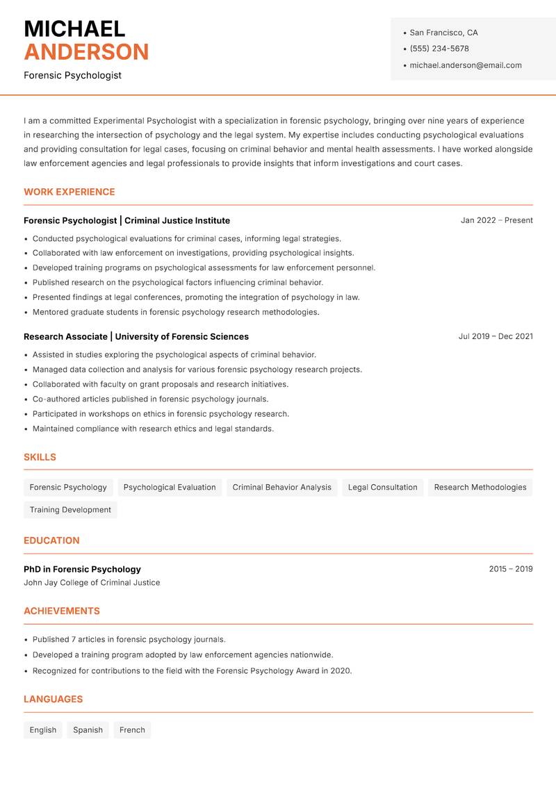 Experimental Psychologist Resume Template