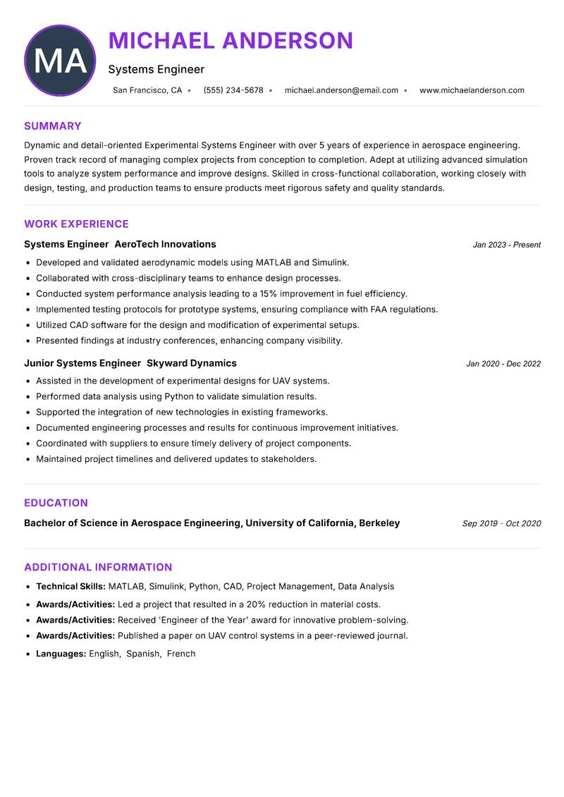 Experimental Systems Engineer Resume Preview Example