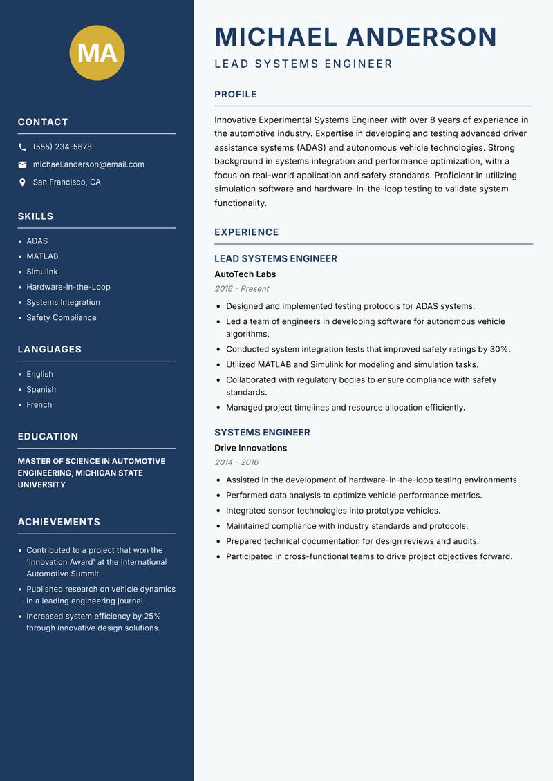Experimental Systems Engineer Resume Preview Example