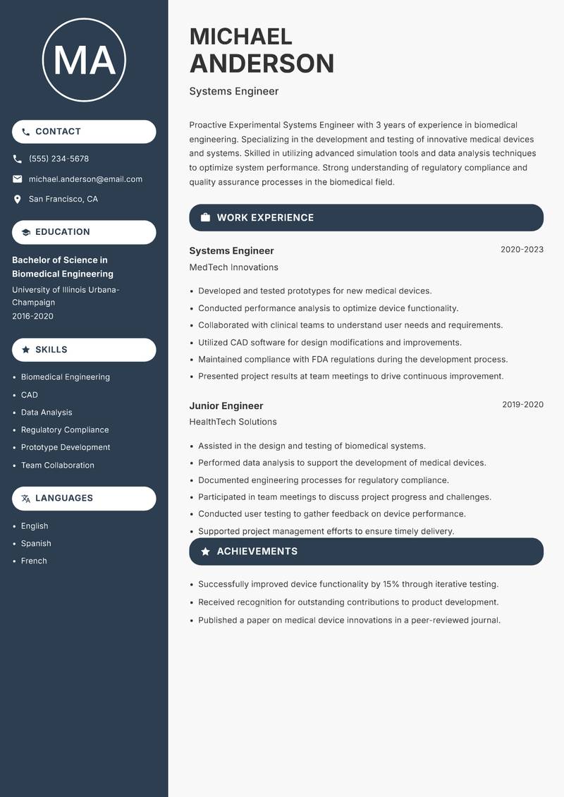 Experimental Systems Engineer Resume Preview Example