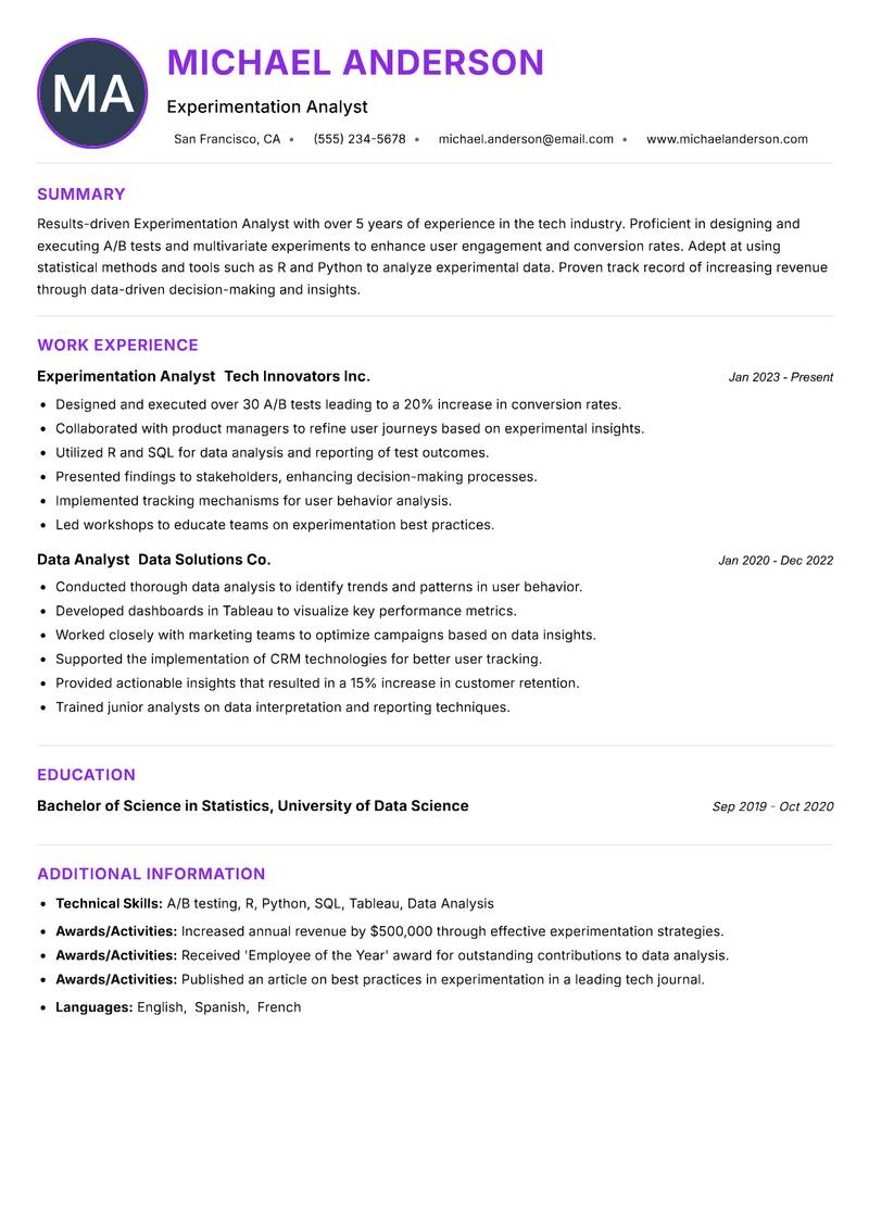 Experimentation Analyst Resume Preview Example