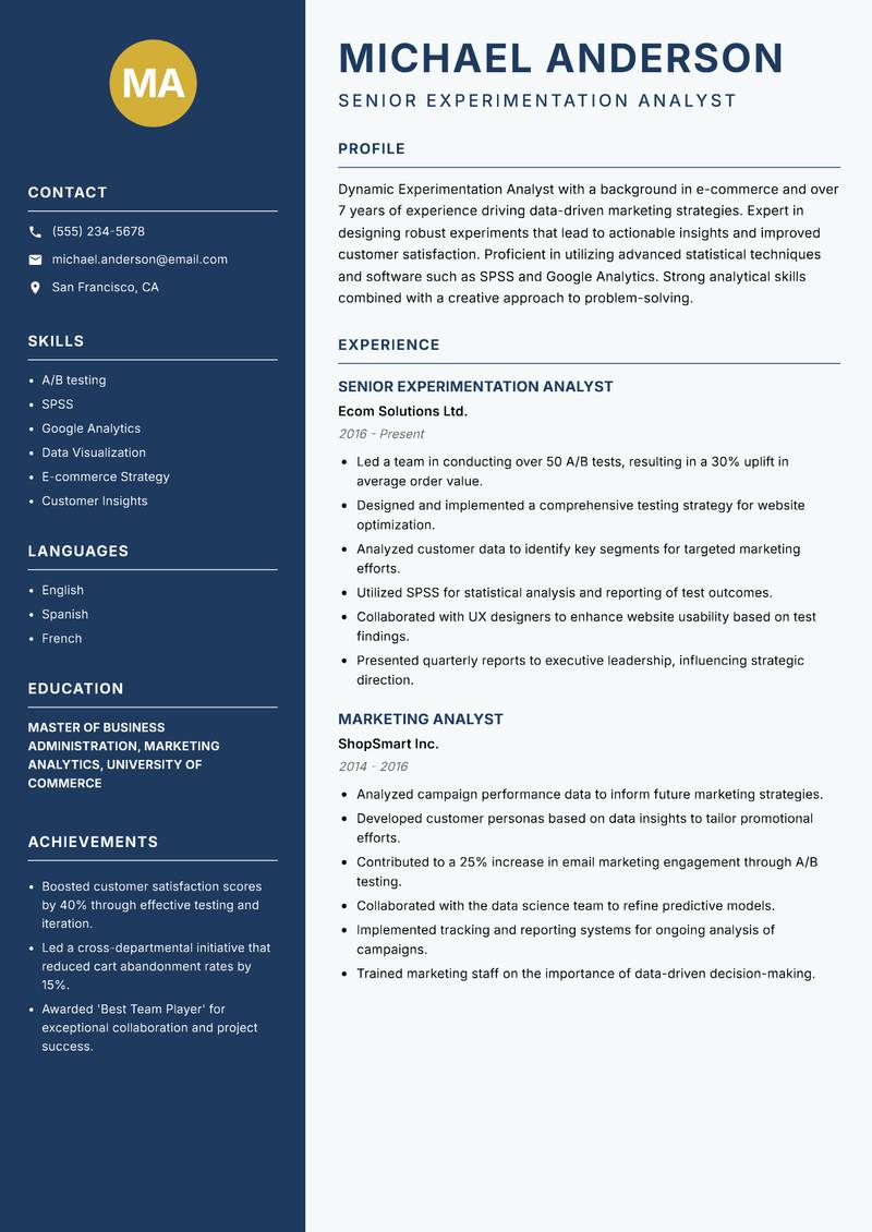 Experimentation Analyst Resume Preview Example