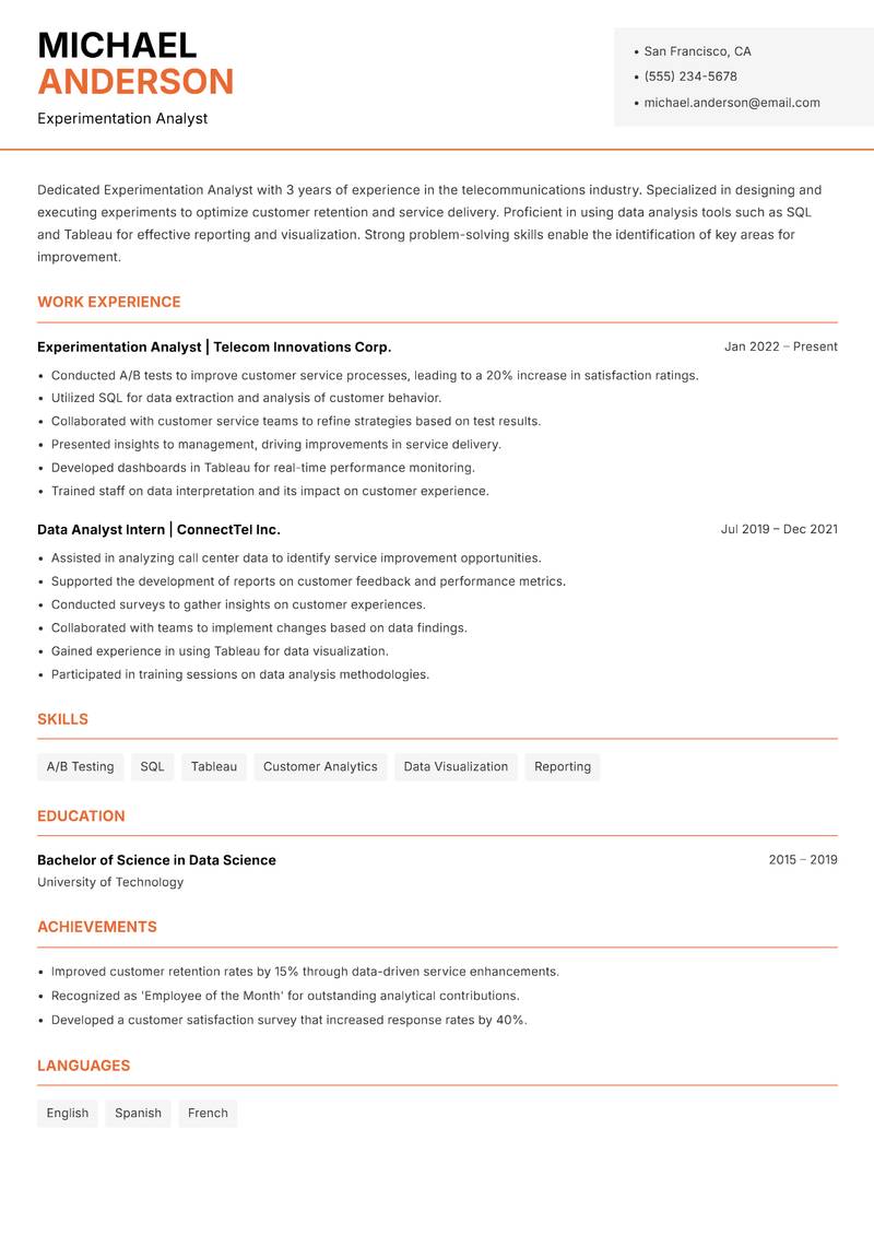 Experimentation Analyst Resume Template