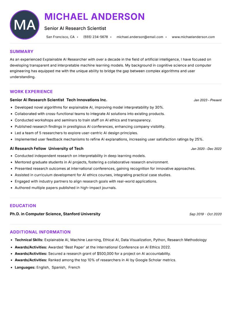 Explainable AI Researcher Resume Preview Example