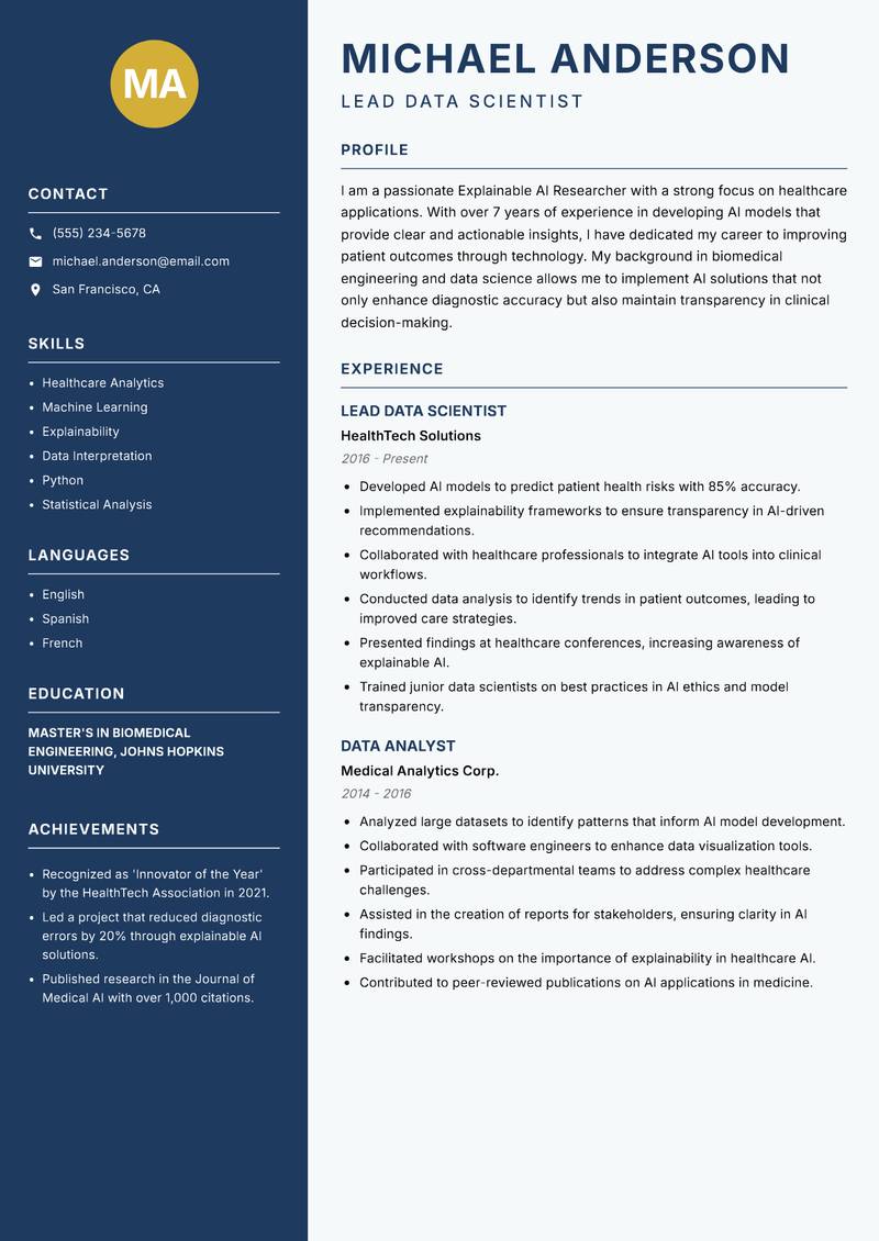 Explainable AI Researcher Resume Preview Example