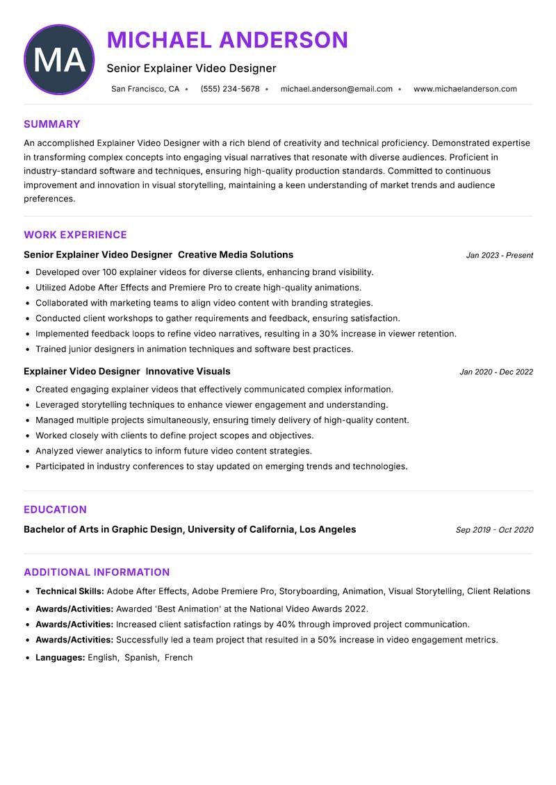 Explainer Video Designer Resume Preview Example