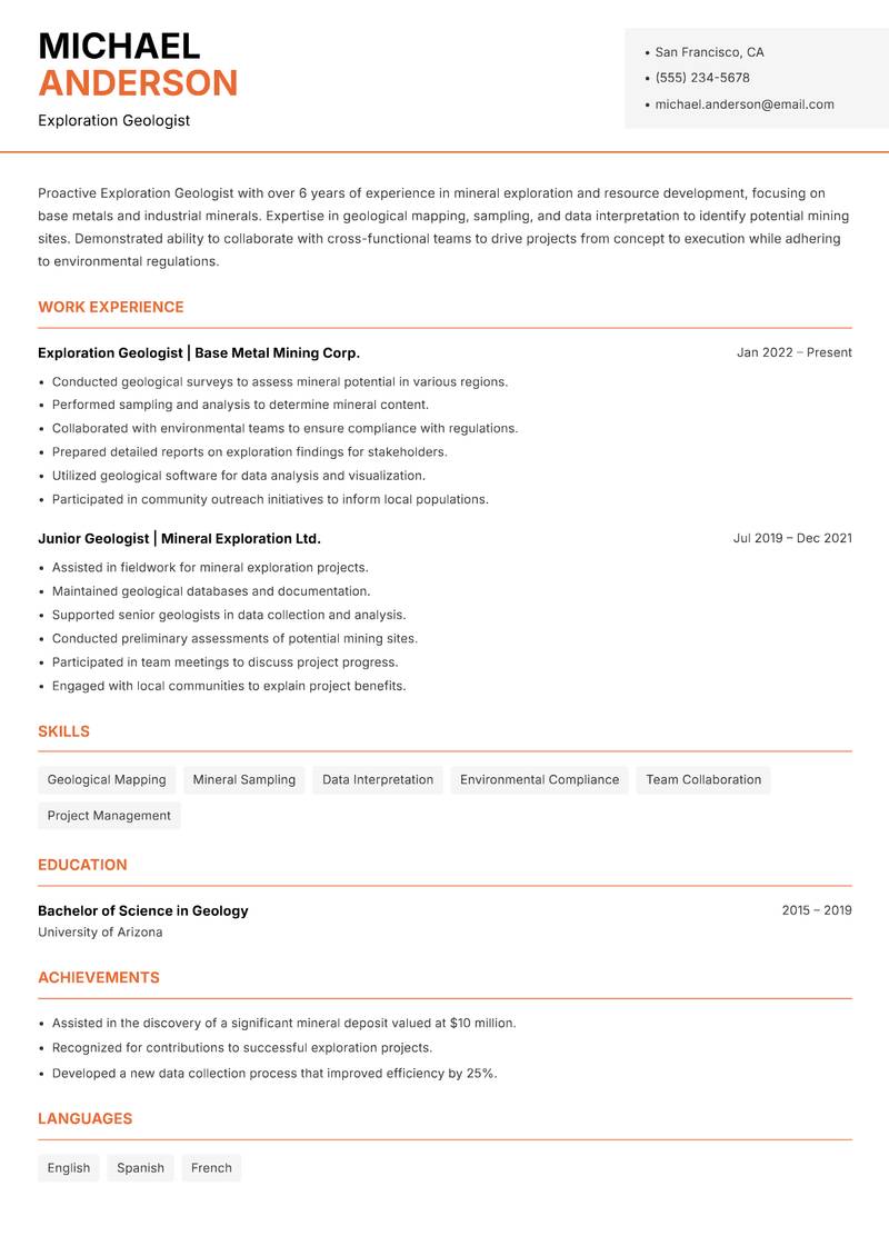 Exploration Geologist Resume Template