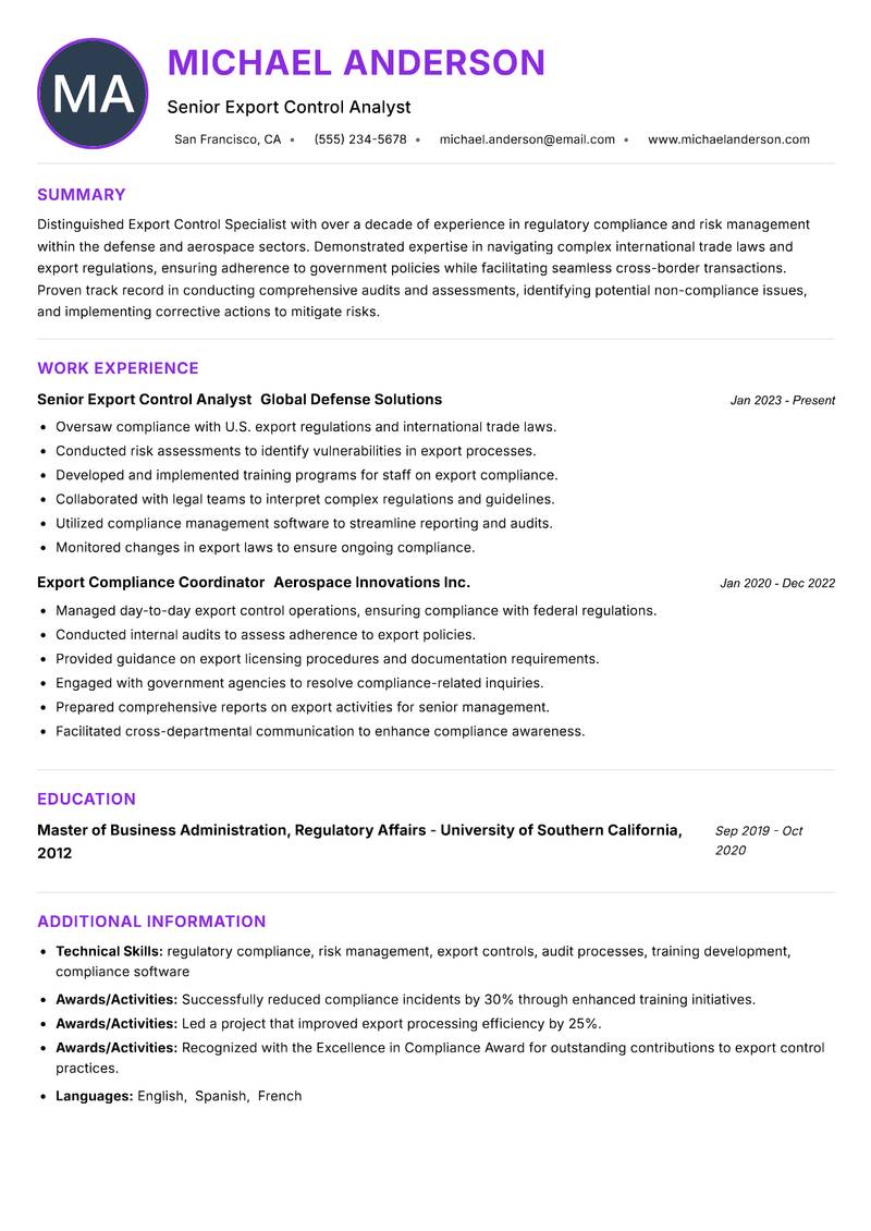 Export Control Specialist Resume Preview Example