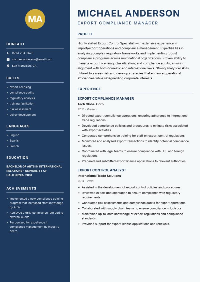 Export Control Specialist Resume Preview Example