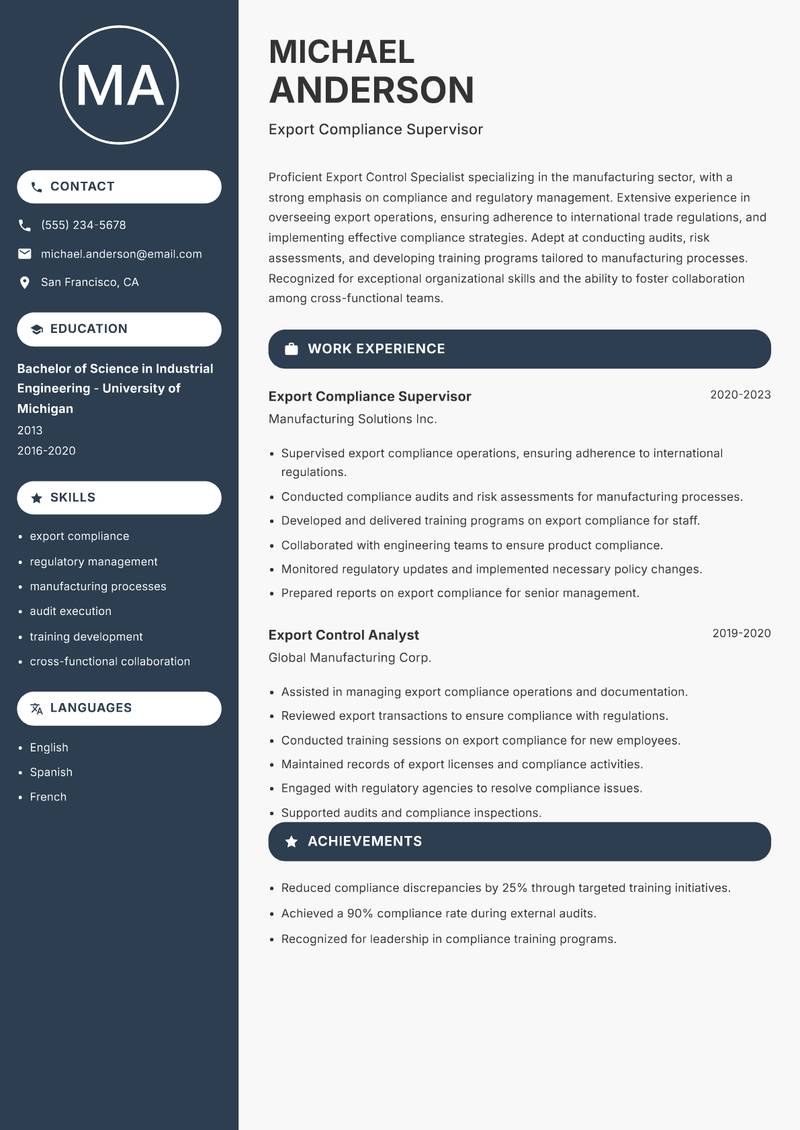 Export Control Specialist Resume Preview Example