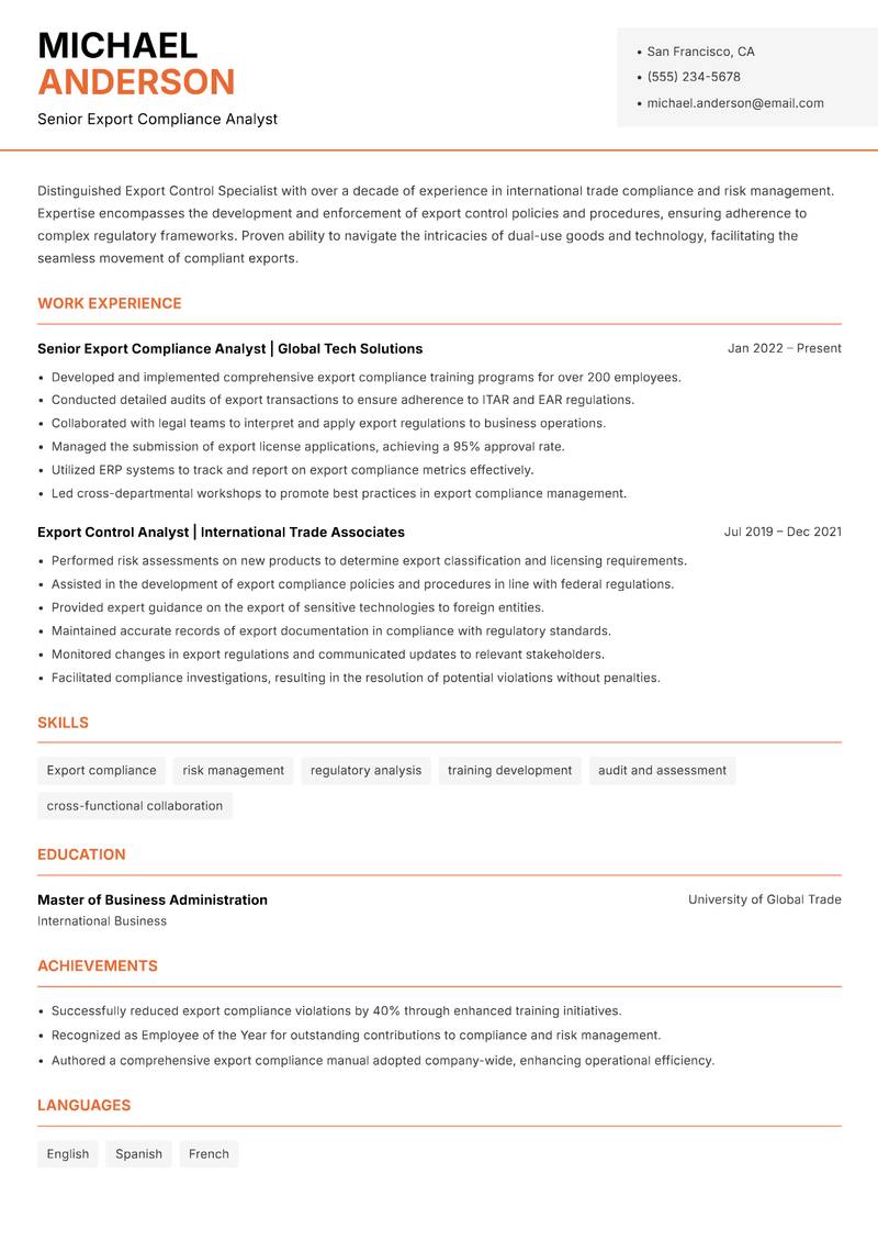 Export Control Specialist Resume Template
