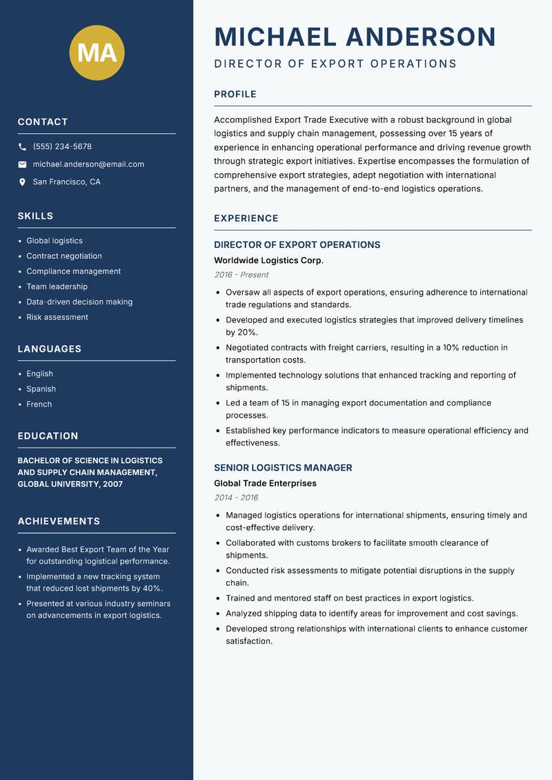 Export Trade Executive Resume Preview Example