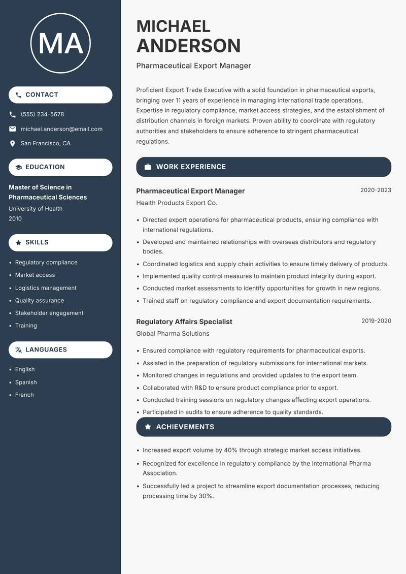 Export Trade Executive Resume Preview Example
