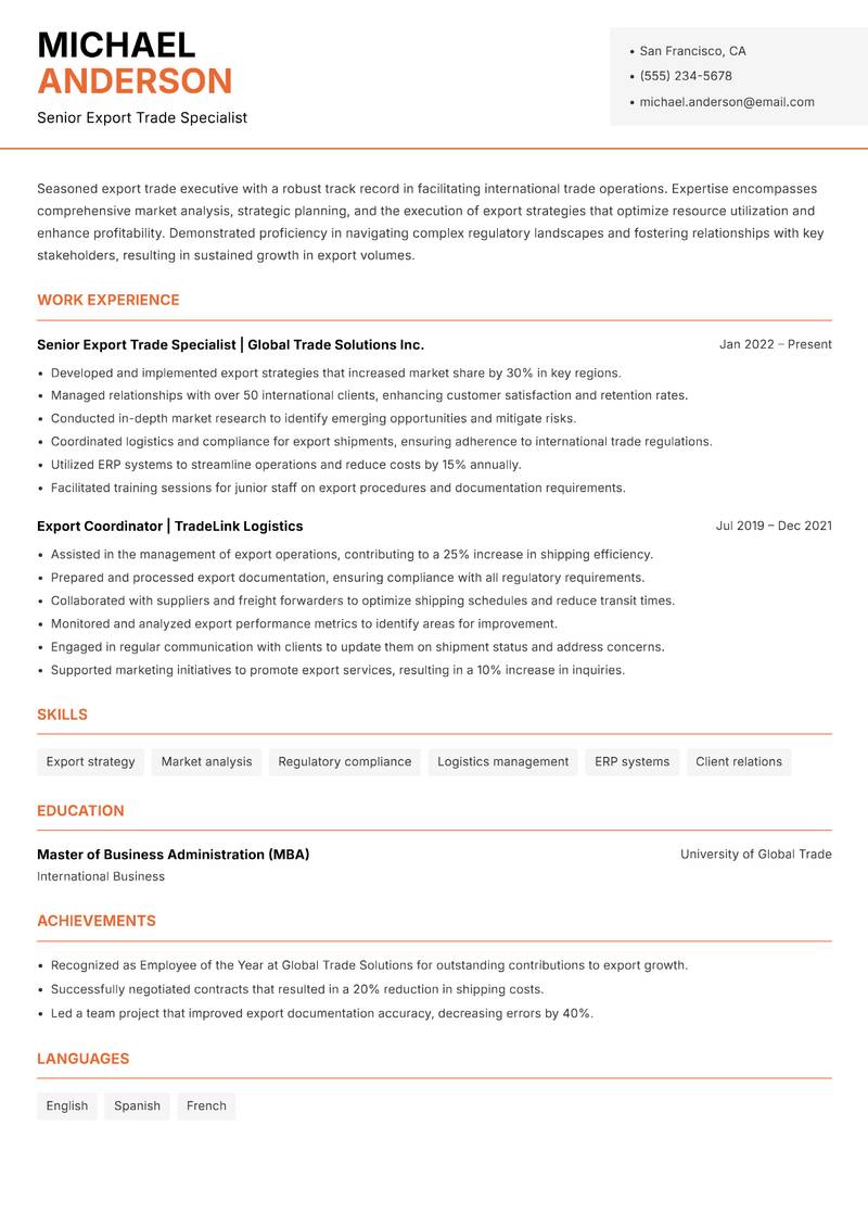 Export Trade Executive Resume Template