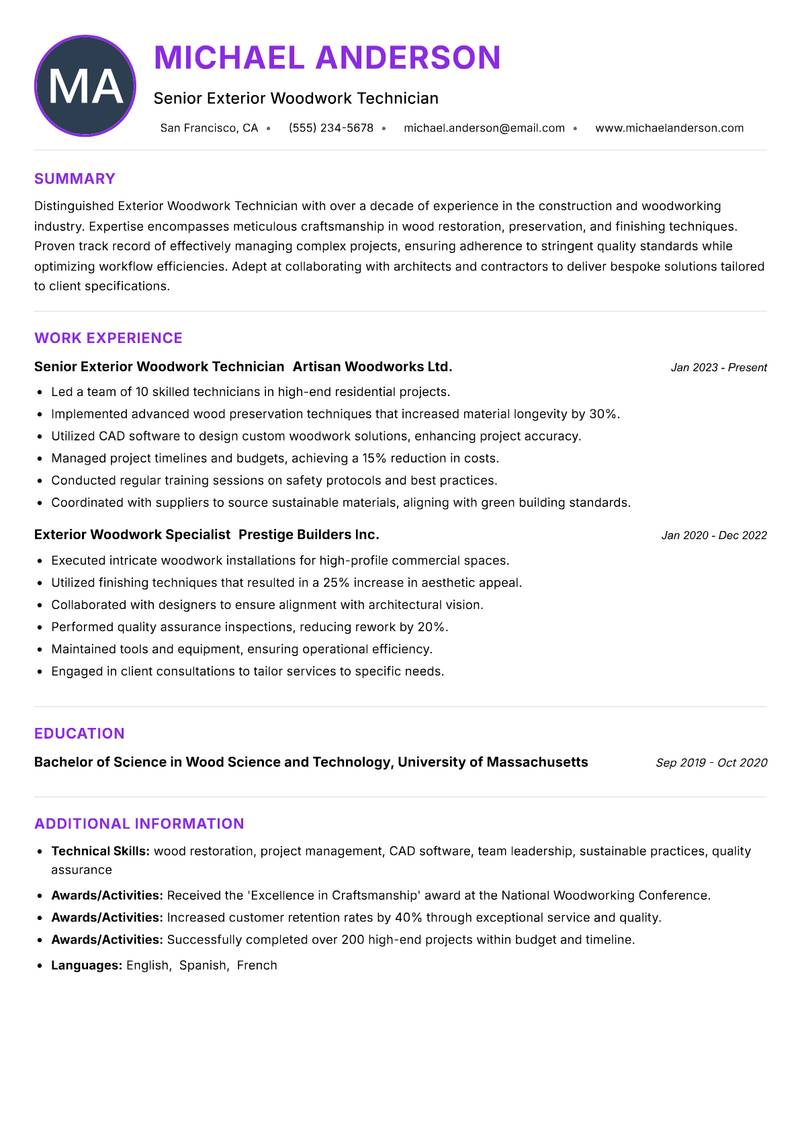 Exterior Woodwork Technician Resume Preview Example