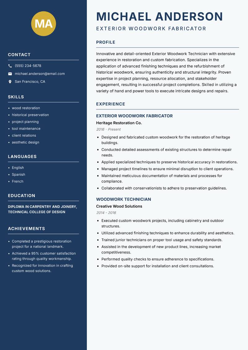 Exterior Woodwork Technician Resume Preview Example