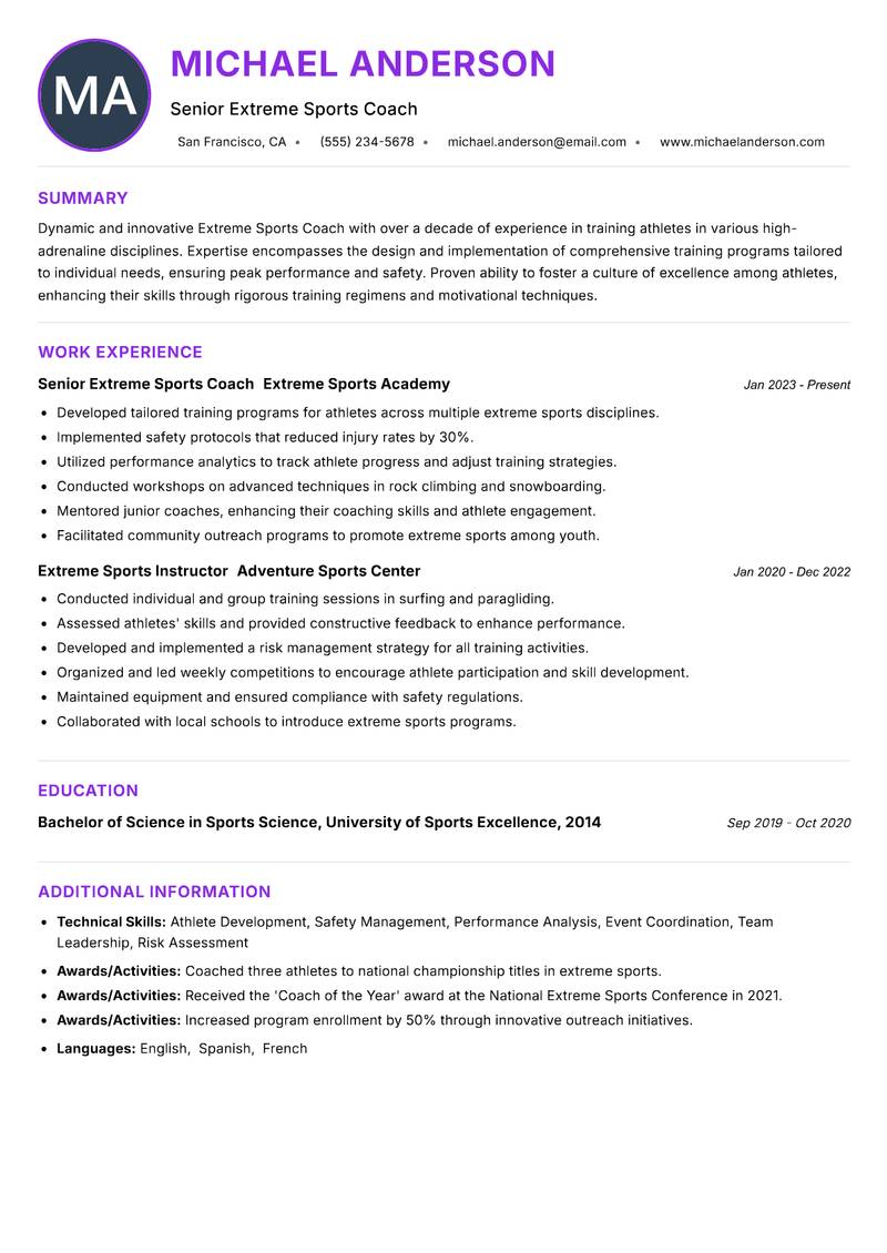 Extreme Sports Coach Resume Preview Example