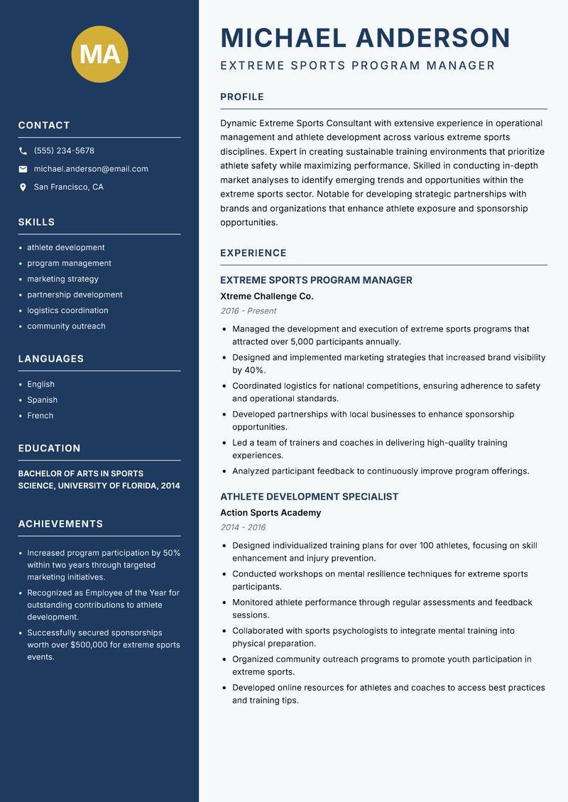 Extreme Sports Consultant Resume Preview Example