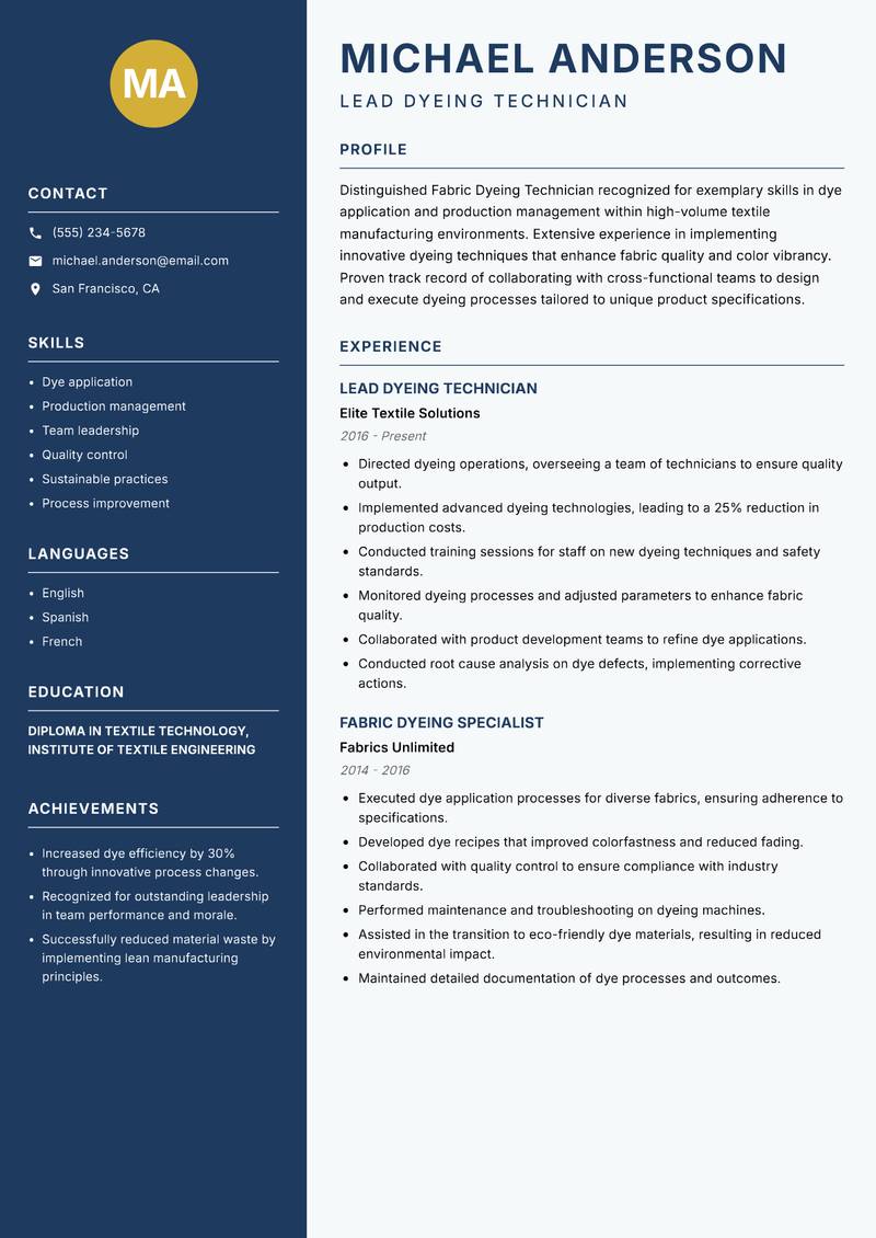 Fabric Dyeing Technician Resume Preview Example