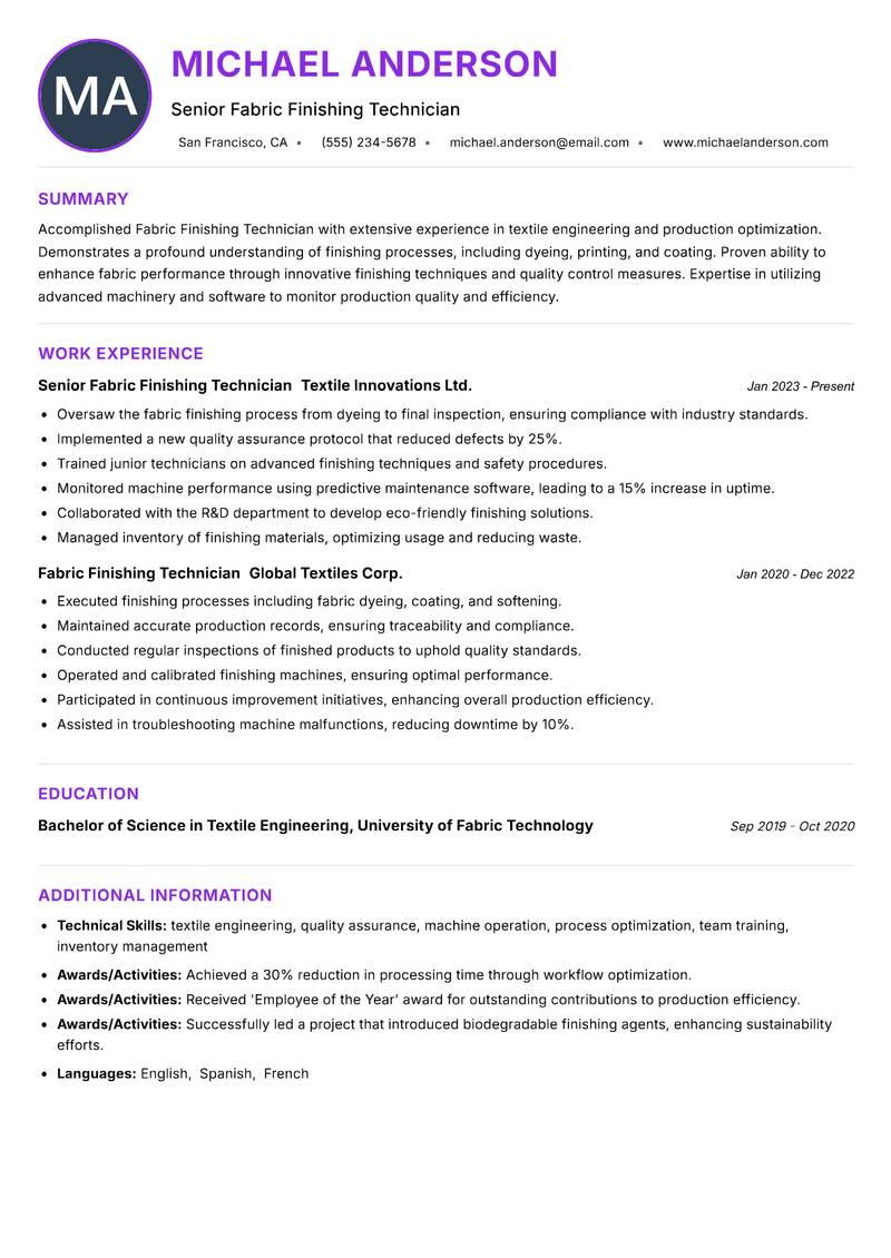 Fabric Finishing Technician Resume Preview Example