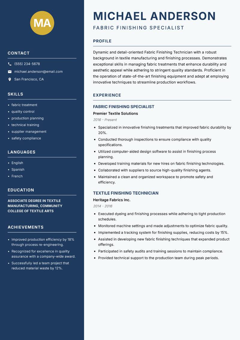 Fabric Finishing Technician Resume Preview Example