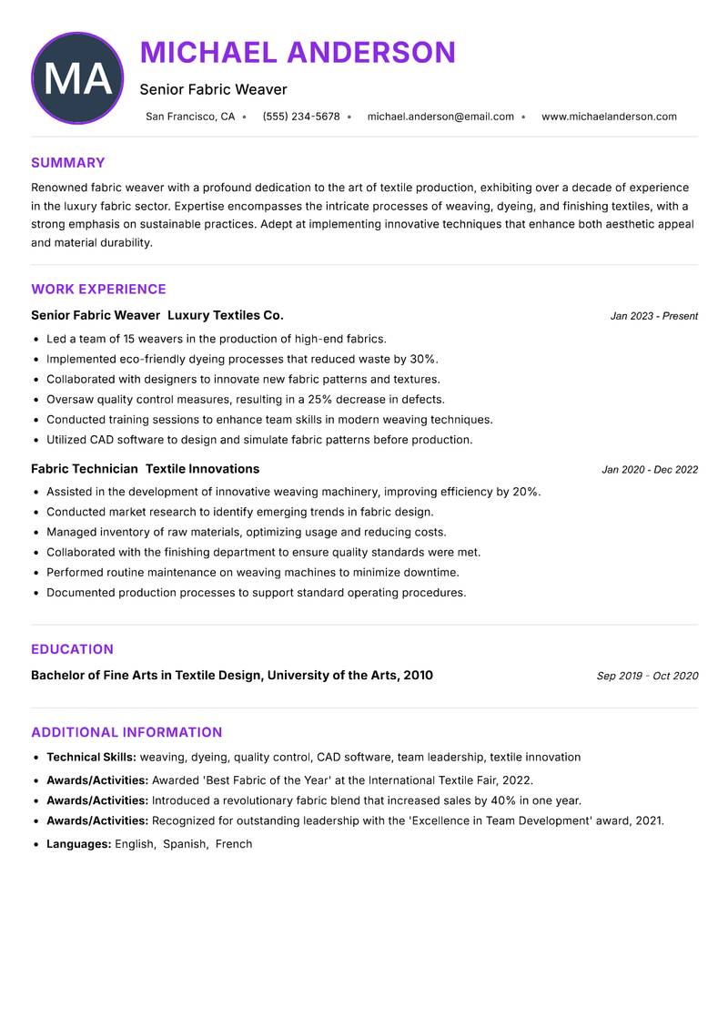 Fabric Weaver Resume Preview Example