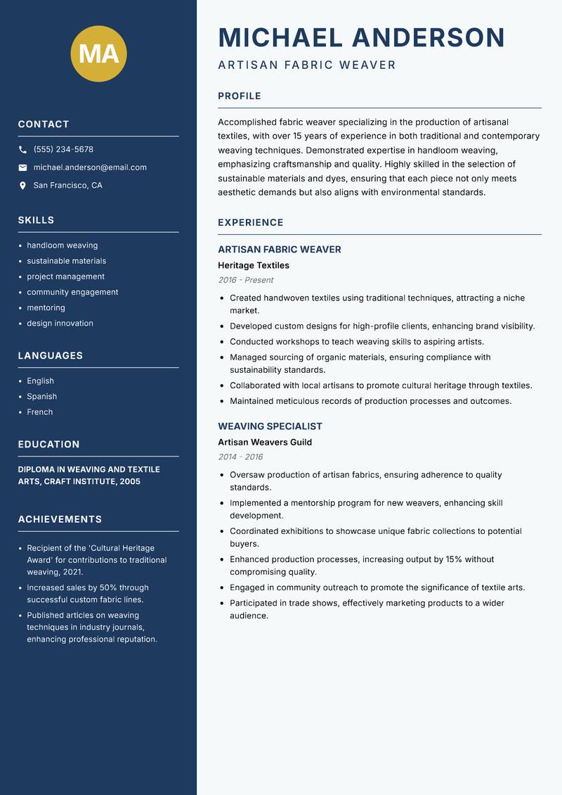 Fabric Weaver Resume Preview Example