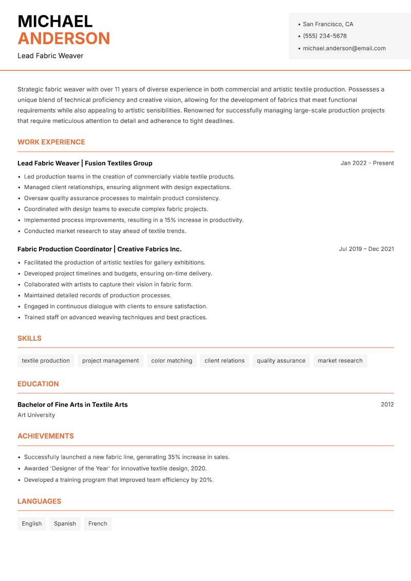 Fabric Weaver Resume Template