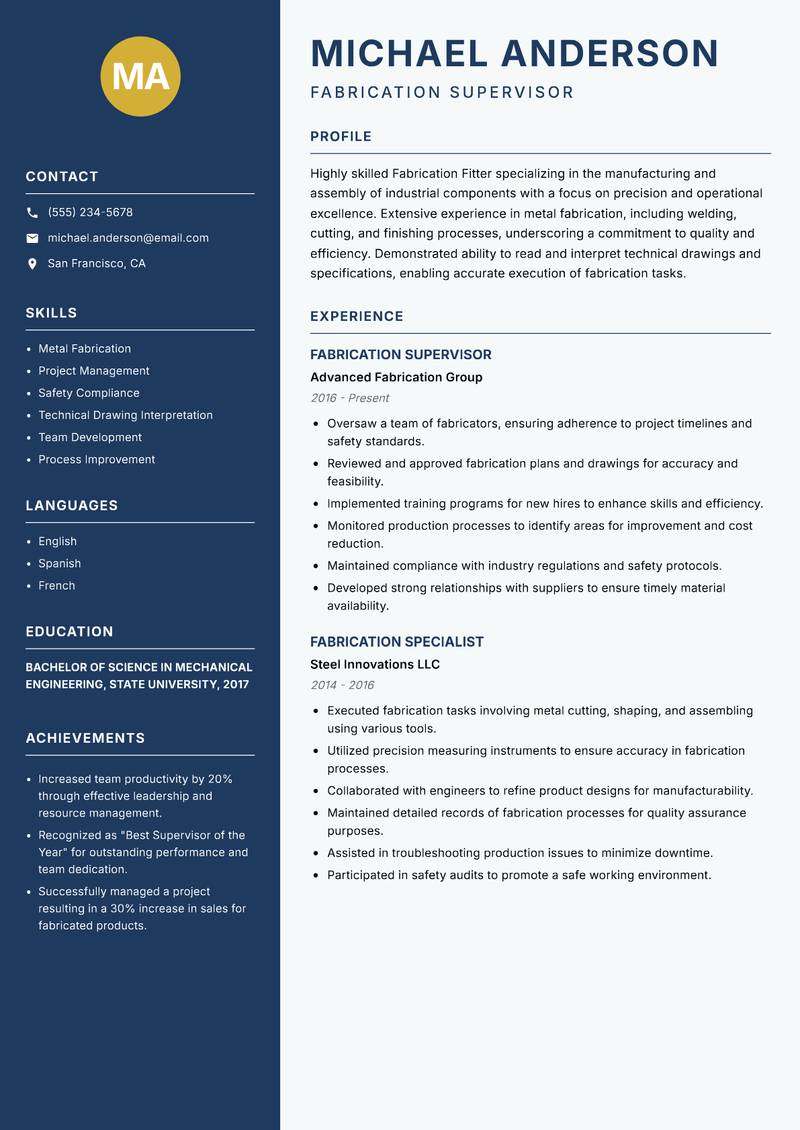 Fabrication Fitter Resume Preview Example