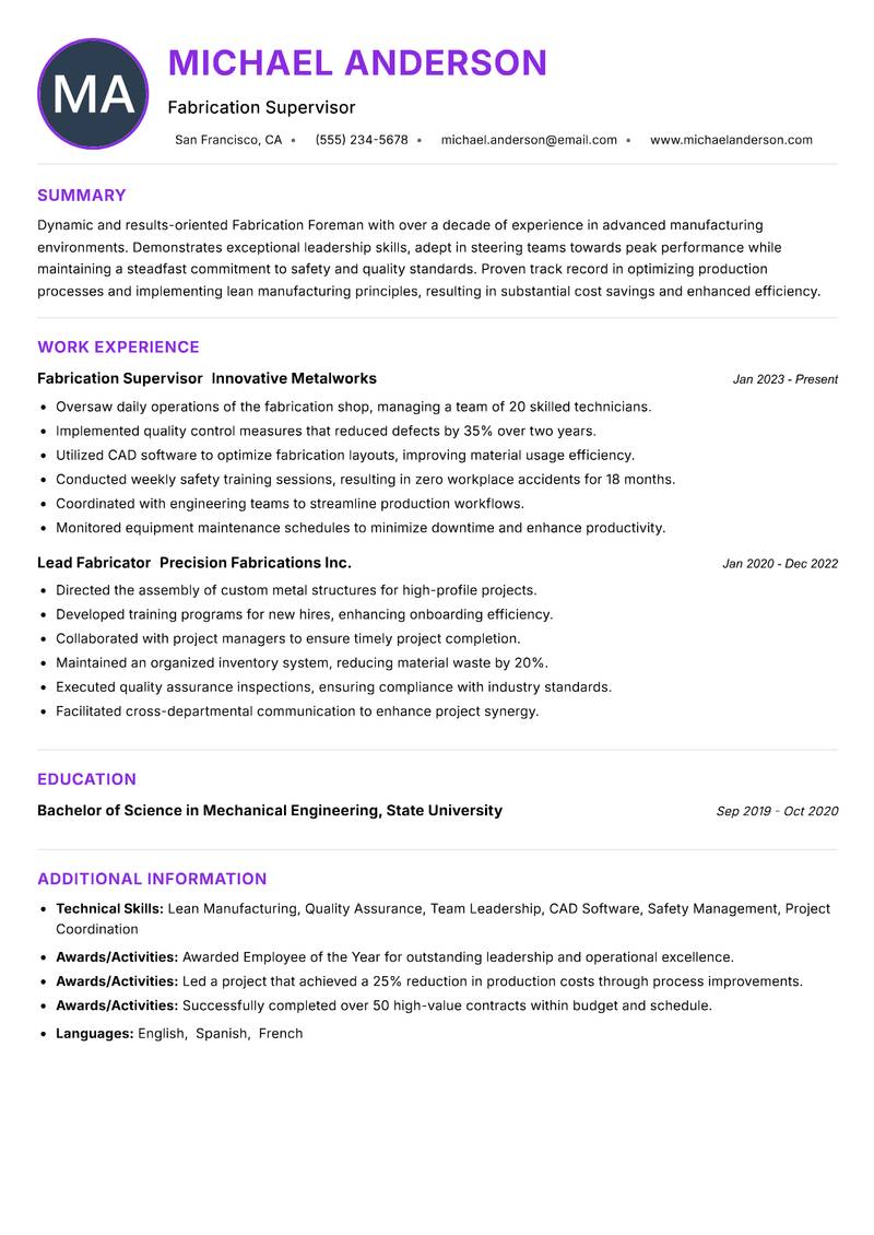Fabrication Foreman Resume Preview Example