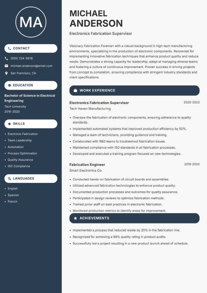 Fabrication Foreman Resume Preview Example