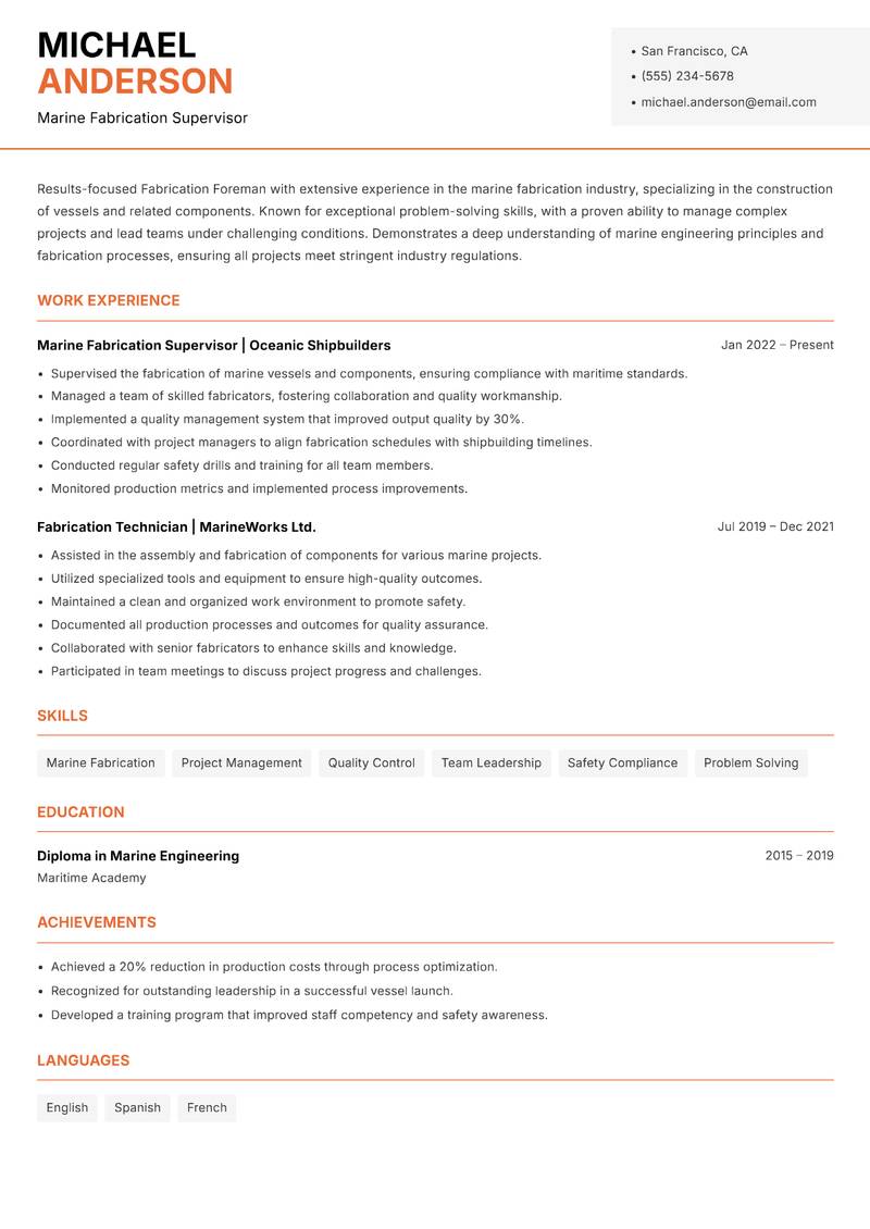 Fabrication Foreman Resume Template