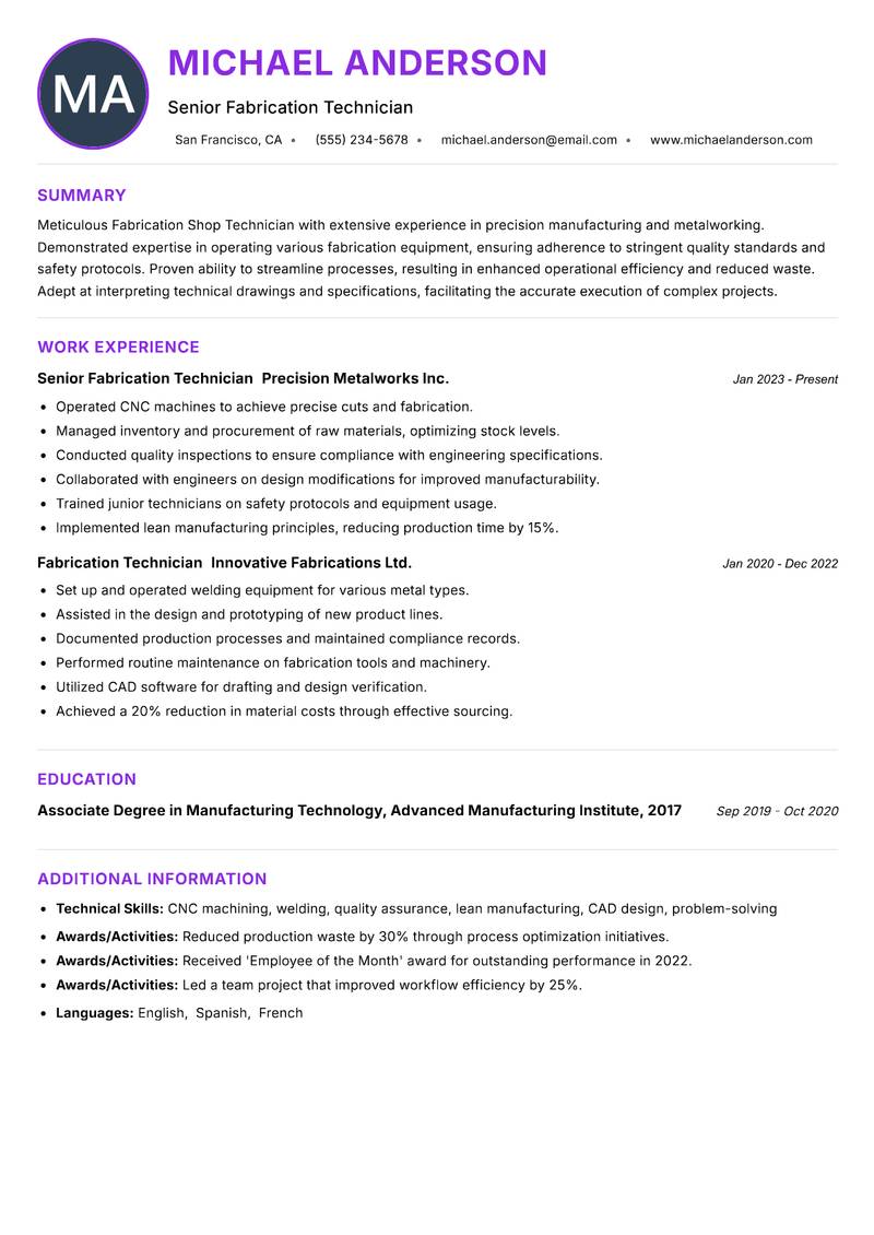 Fabrication Shop Technician Resume Preview Example