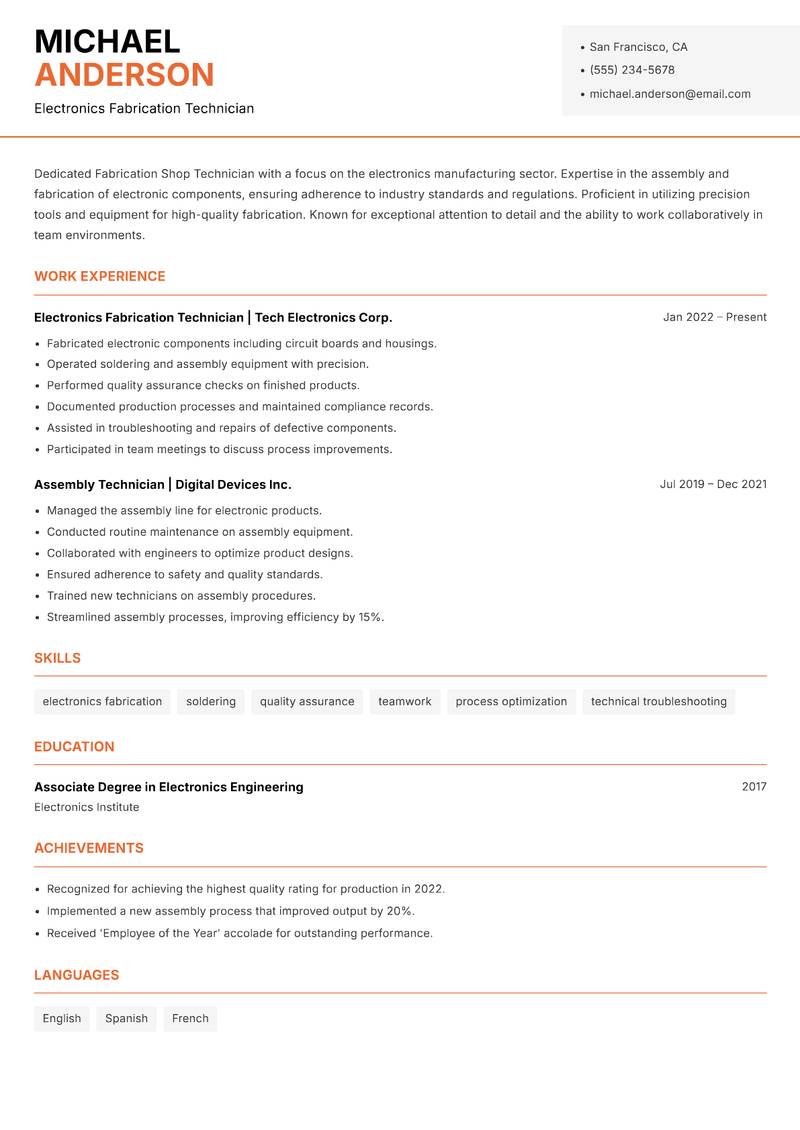 Fabrication Shop Technician Resume Template