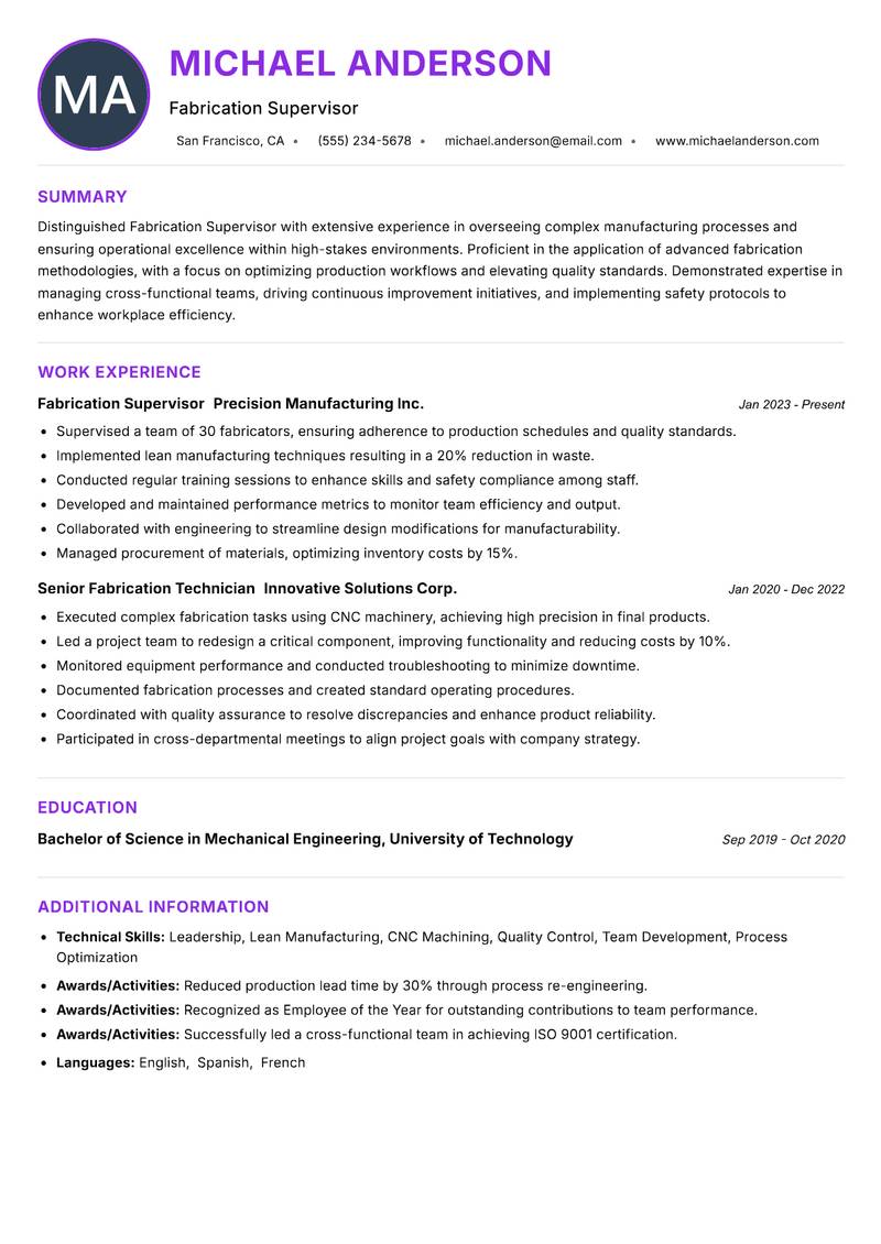 Fabrication Supervisor Resume Preview Example