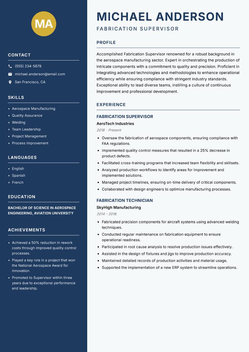 Fabrication Supervisor Resume Preview Example