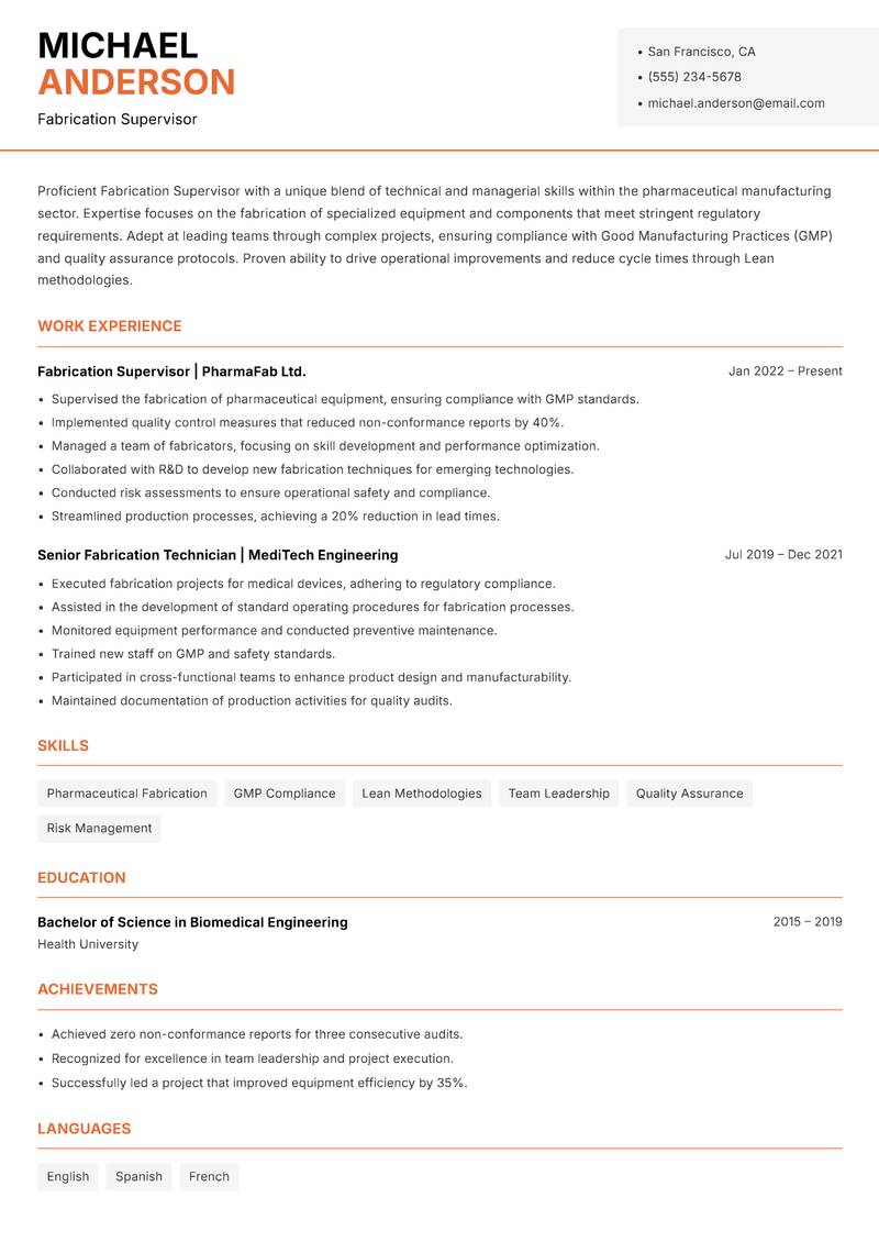 Fabrication Supervisor Resume Template