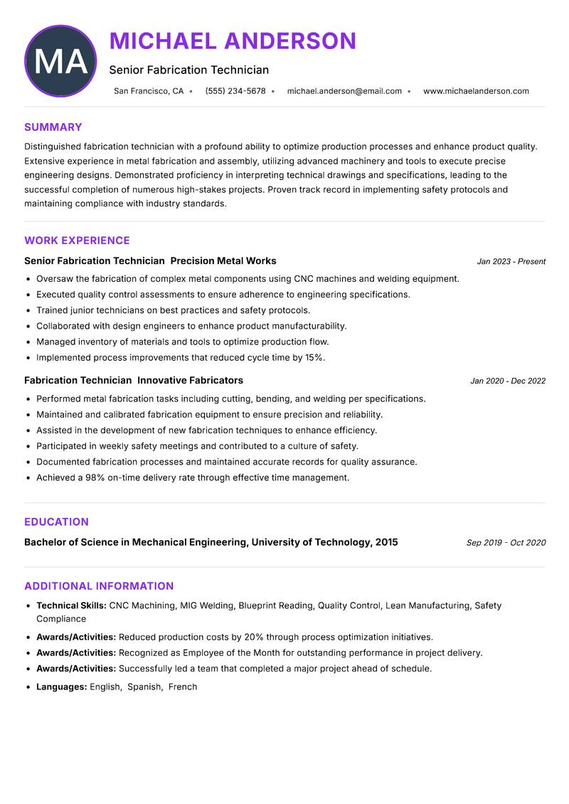 Fabrication Technician Resume Preview Example