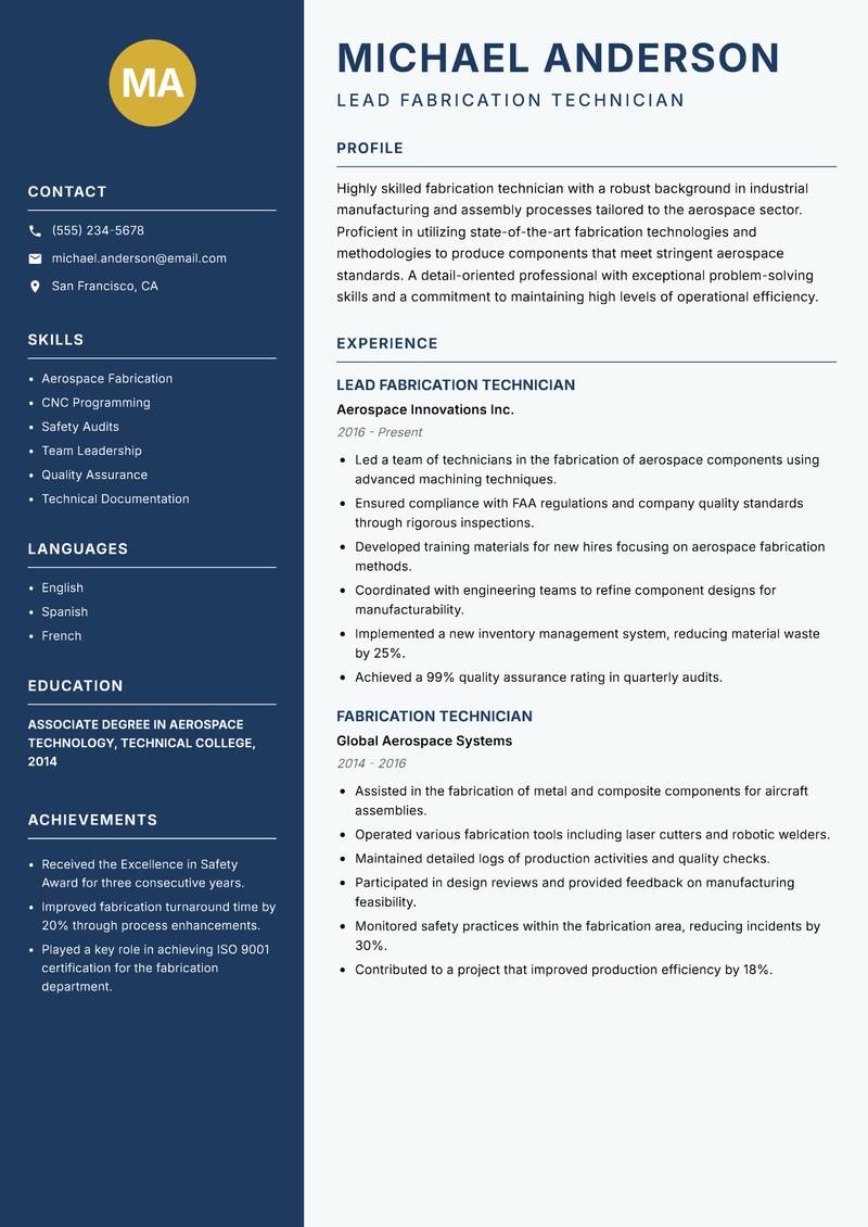 Fabrication Technician Resume Preview Example