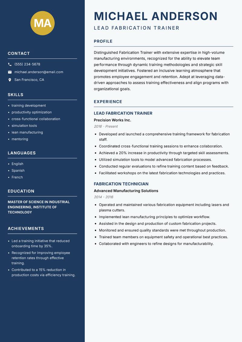 Fabrication Trainer Resume Preview Example