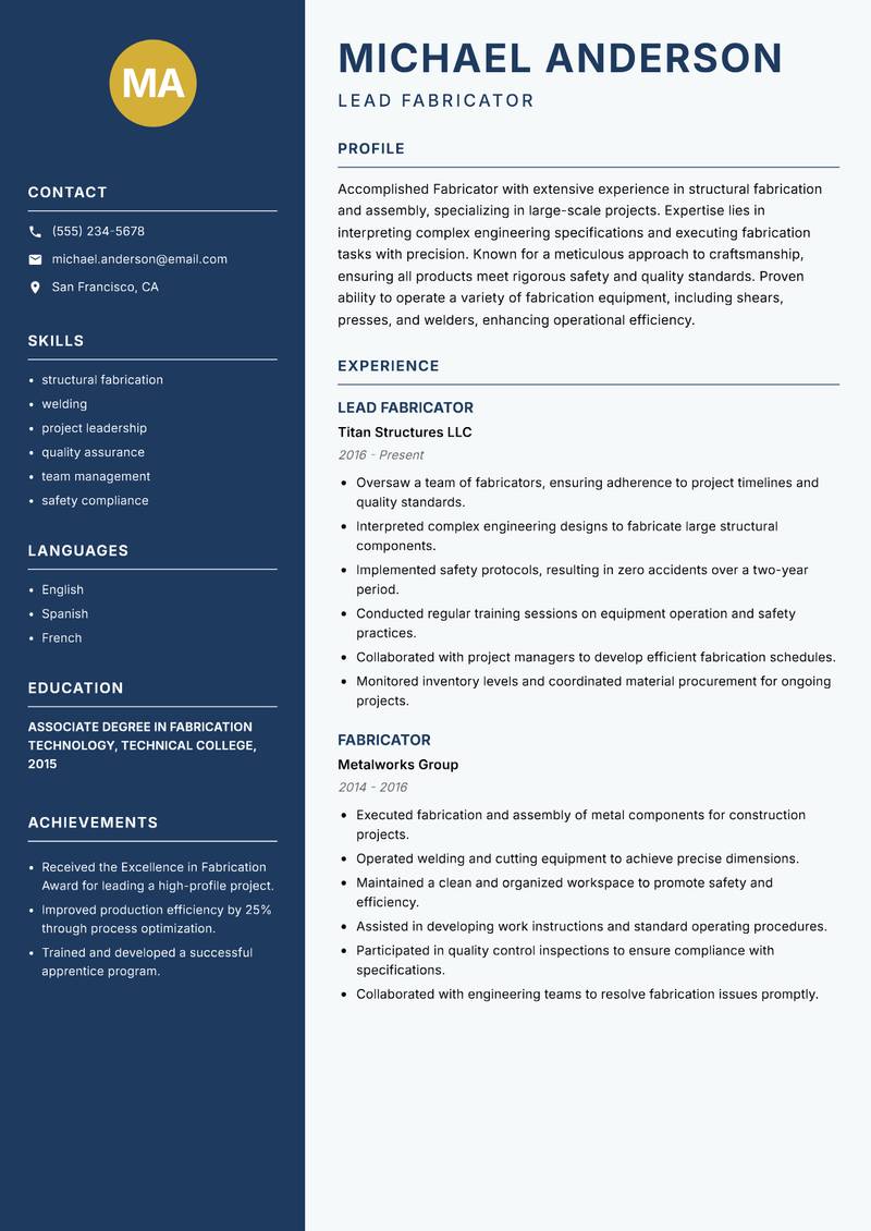 Fabricator Resume Preview Example