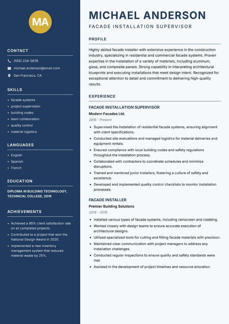 Facade Installer Resume Preview Example